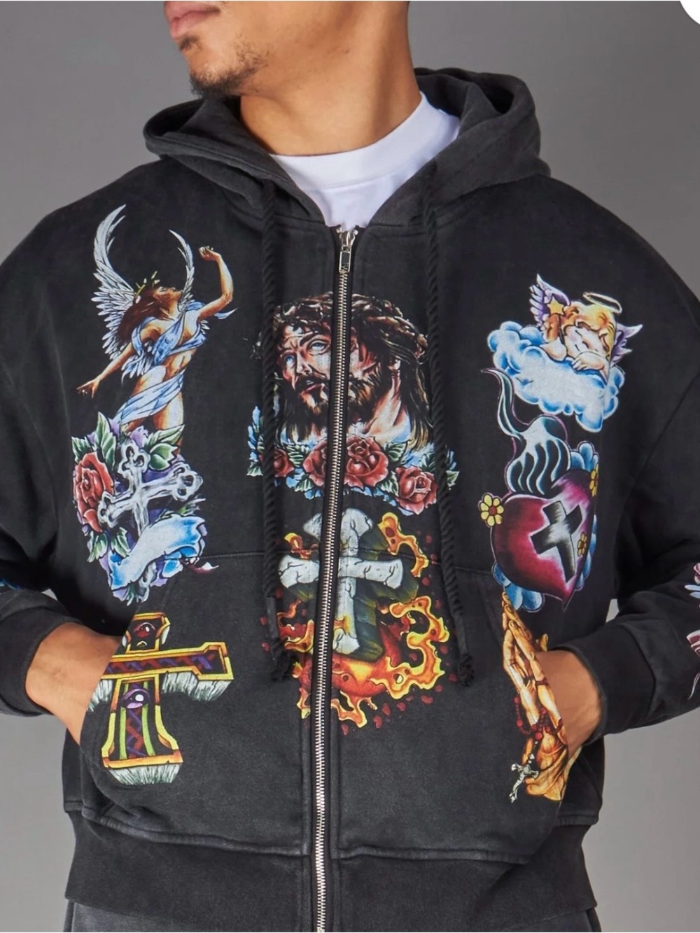 Black Graphic Religious Zip Hoodie with Angel and Cross Motifs